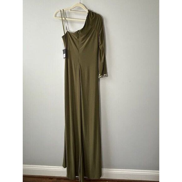 Ieena By Mac Duggal One Sleeve Beaded Cuff Side Twist Gown Dress Olive Green 8 - Picture 8 of 9